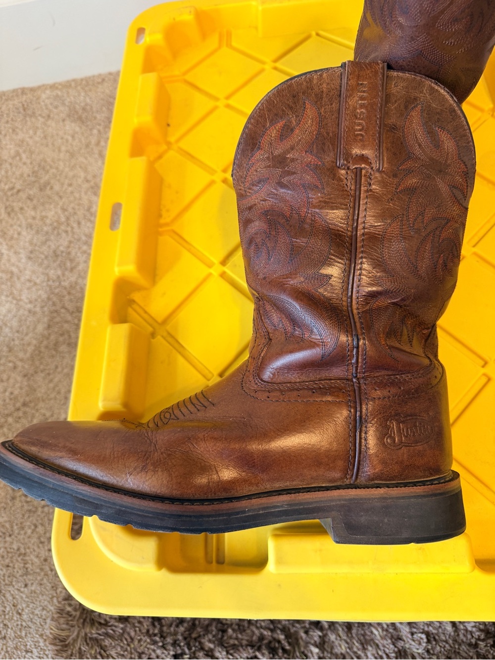 Justin Boots Driller Tan Waterproof Leather Work Boots Square Toe Mens size 12 - Picture 5 of 9